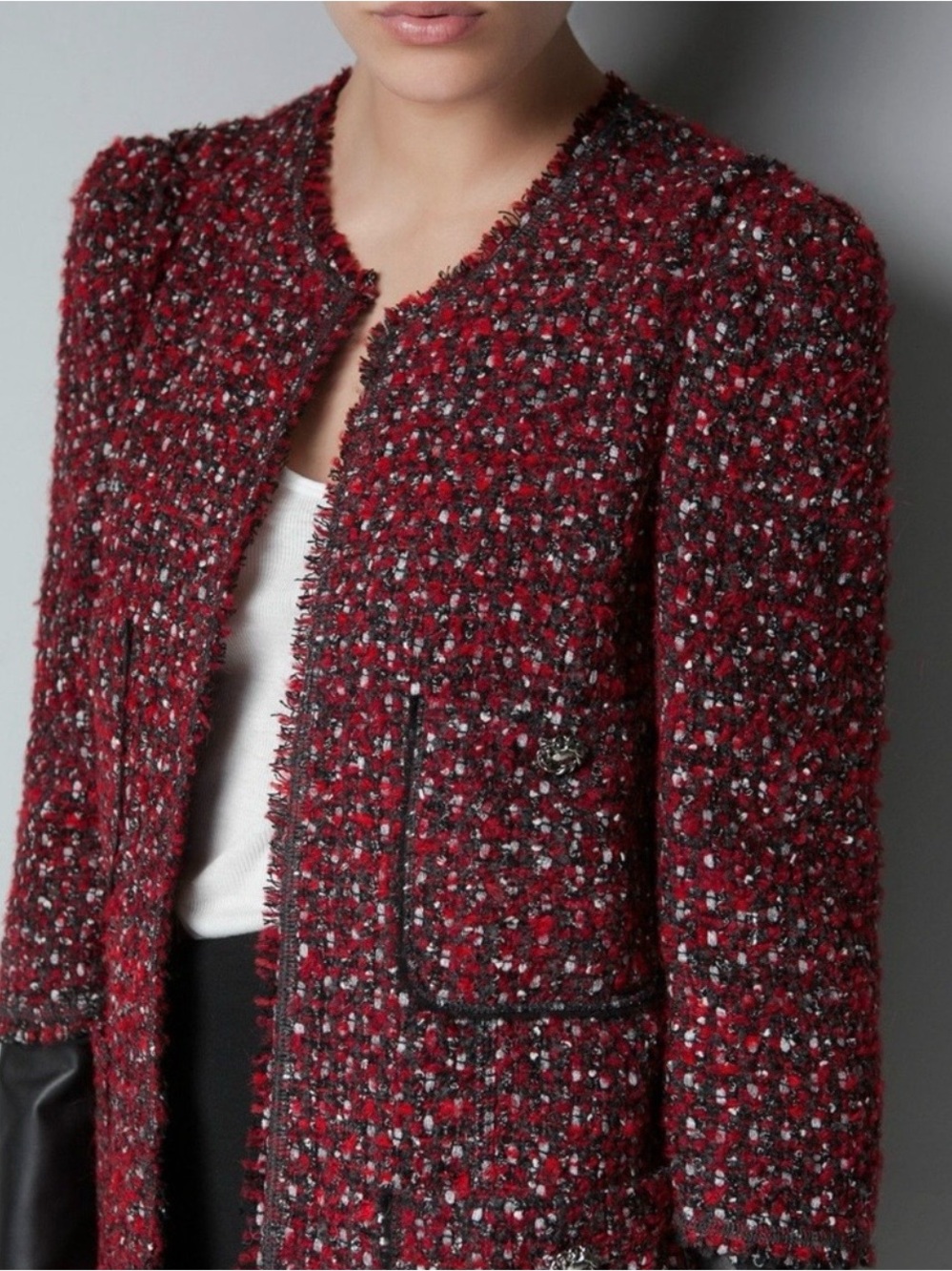 Zara Red Tweed Open-Front Faux Leather Sleeve Coat Jacket